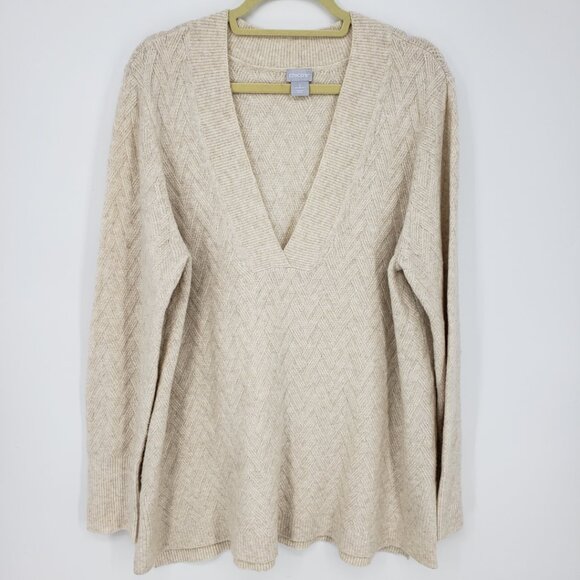 Chico's Sweaters - Chico's Herringbone V Neck Tunic Sweater XL Relaxed Fit Textured Beige Tan